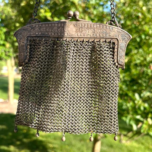Antique Genuine German Silver Mesh Purse 5" x 5" with 8.5" Strap Drop - Picture 2 of 12